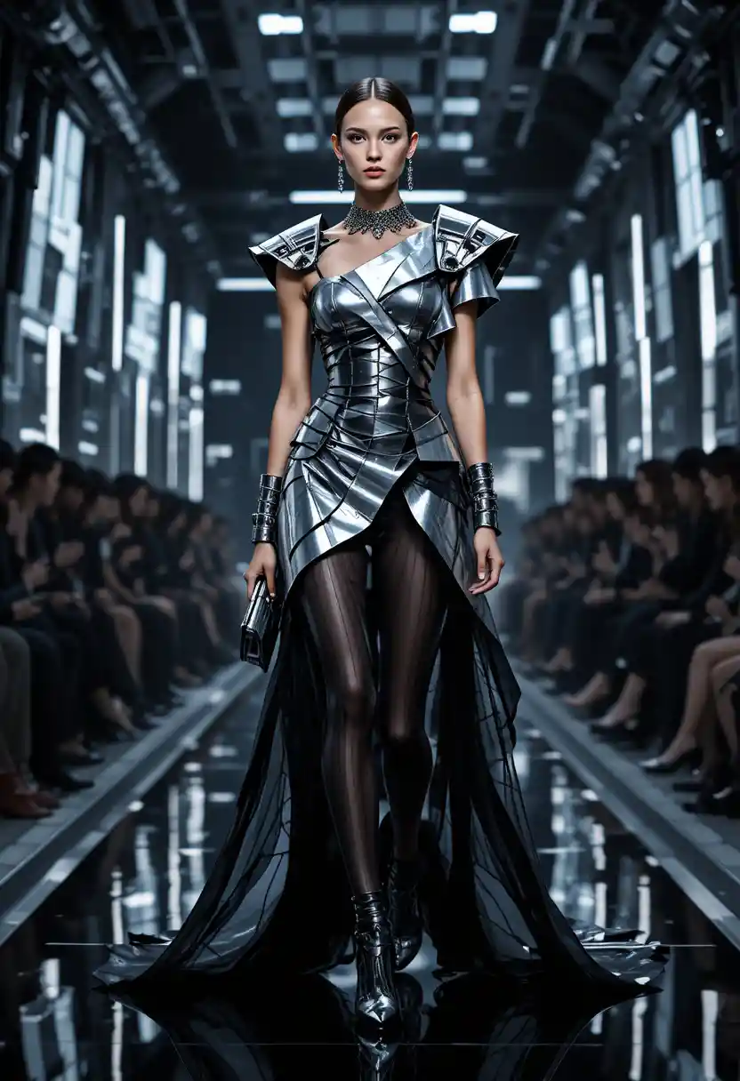 Mulher de moda vanguarda em passarela futurista de Nova York
