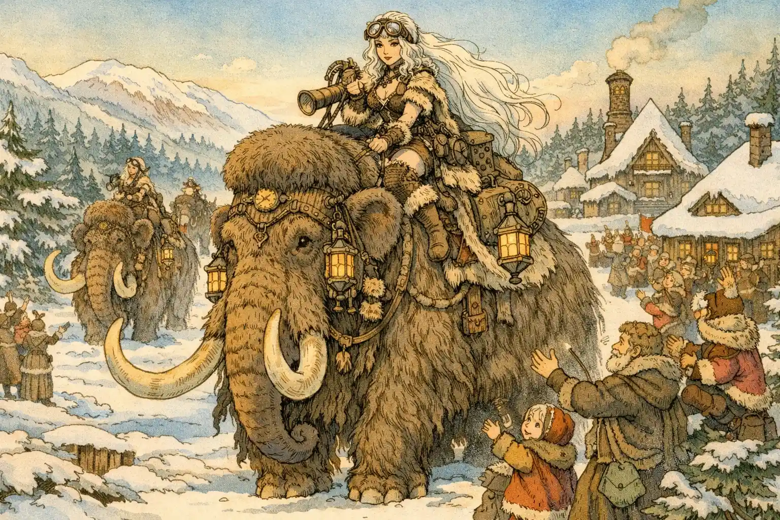 Ragazza barbarica steampunk che cavalca un mammut lanoso verso nord