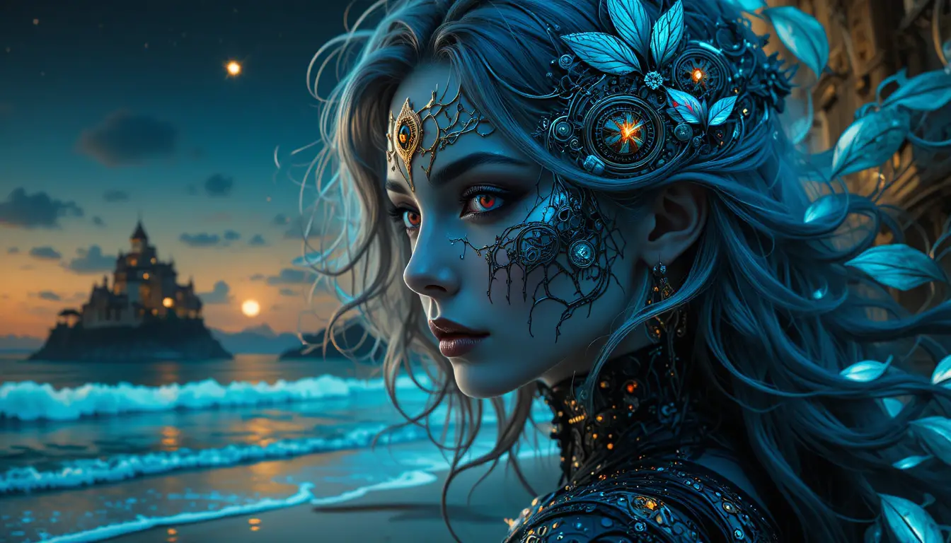 Mechanical phoenix and mask within surreal fractal worlds