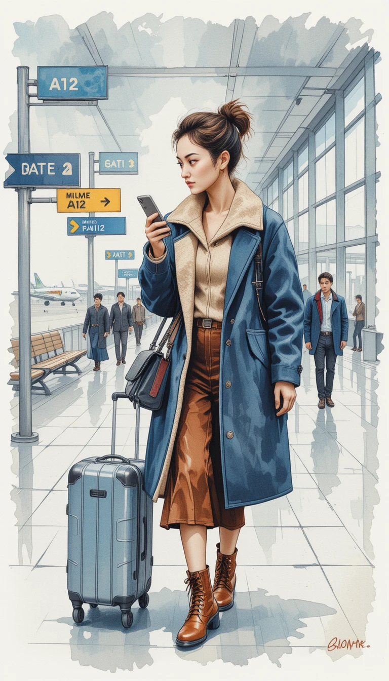Asian woman walking through busy airport terminal drawing