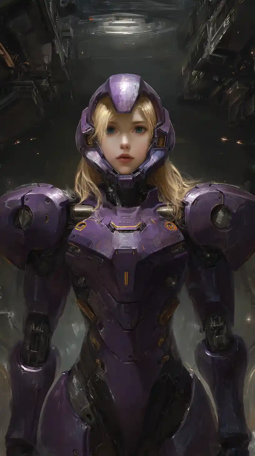Female android warrior in purple armor in space hangar
