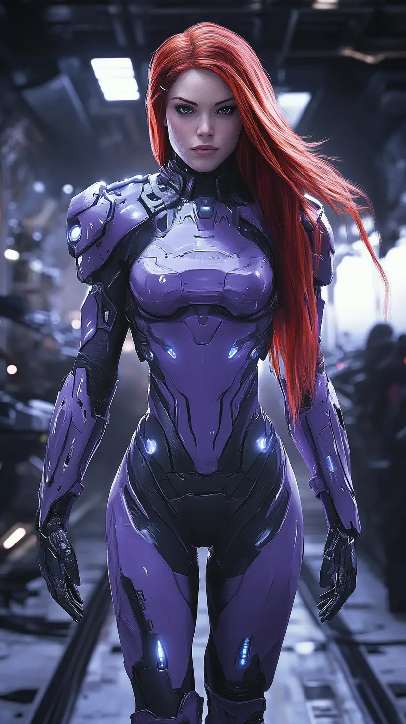 Android warrior woman in purple armor at space hangar entrance
