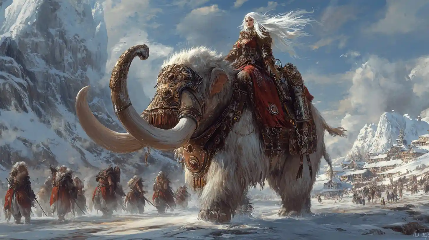 Ragazza barbara steampunk che cavalca un mammut lanoso verso nord