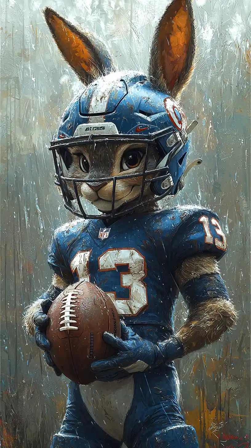 Cartoon rabbit football player running on rainy field