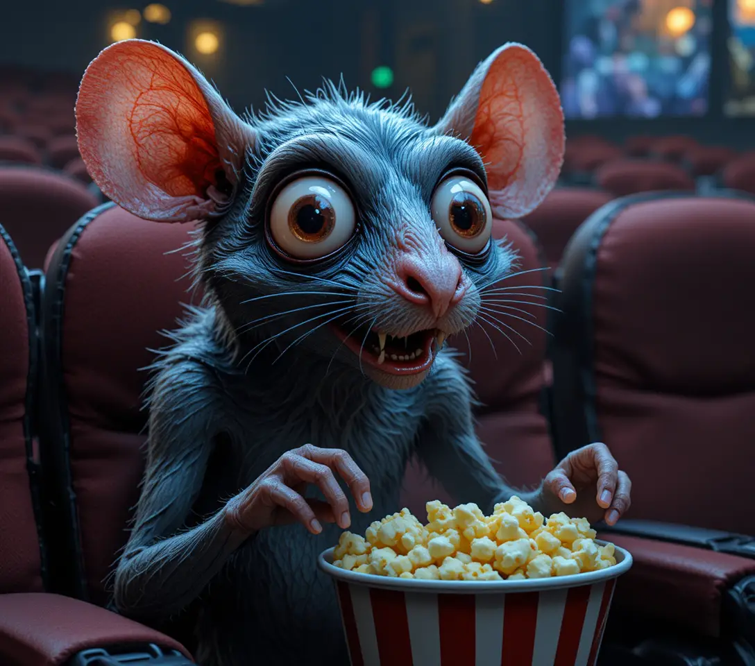Cartoon-Ratte mit wilden Augen, die im Kino Popcorn isst