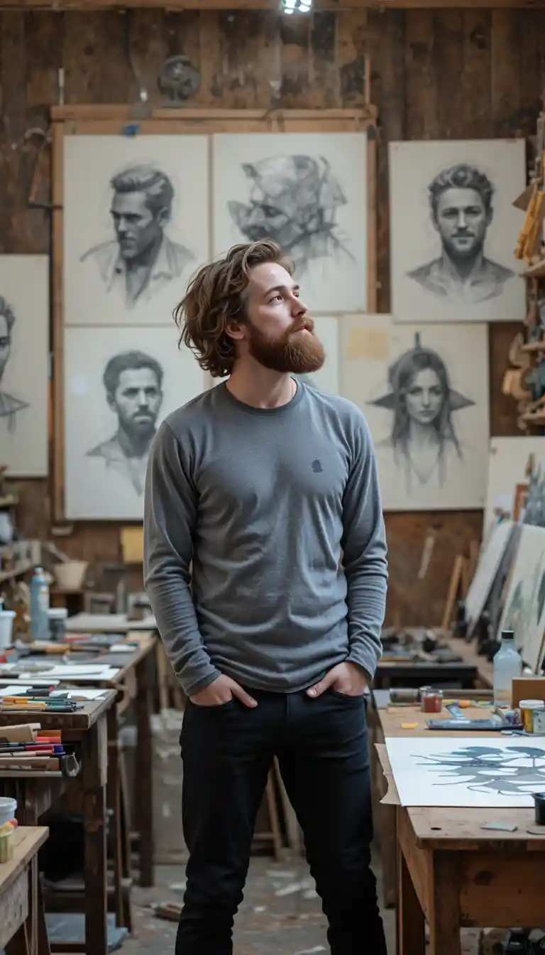 Artist in cluttered studio studying abstract wall sketches