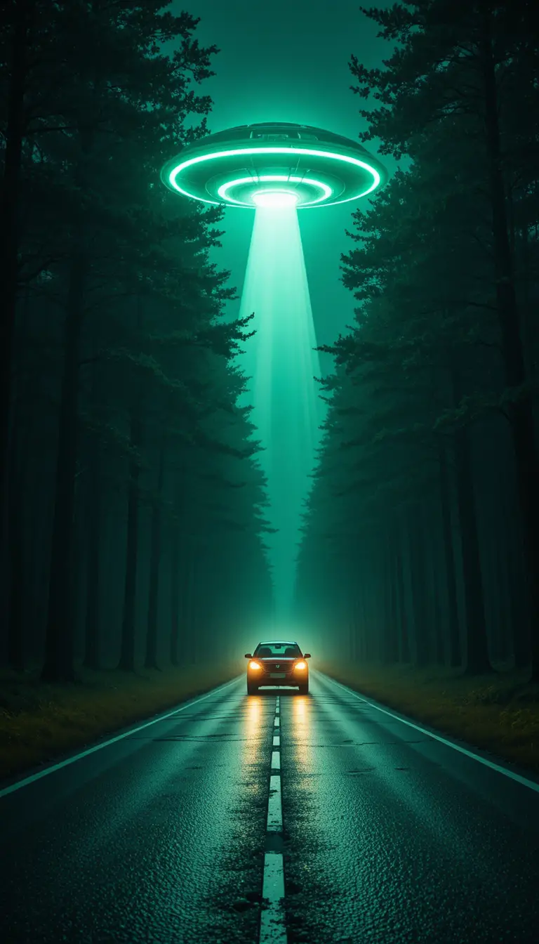 Auto su strada bagnata nel bosco sotto un UFO luminoso