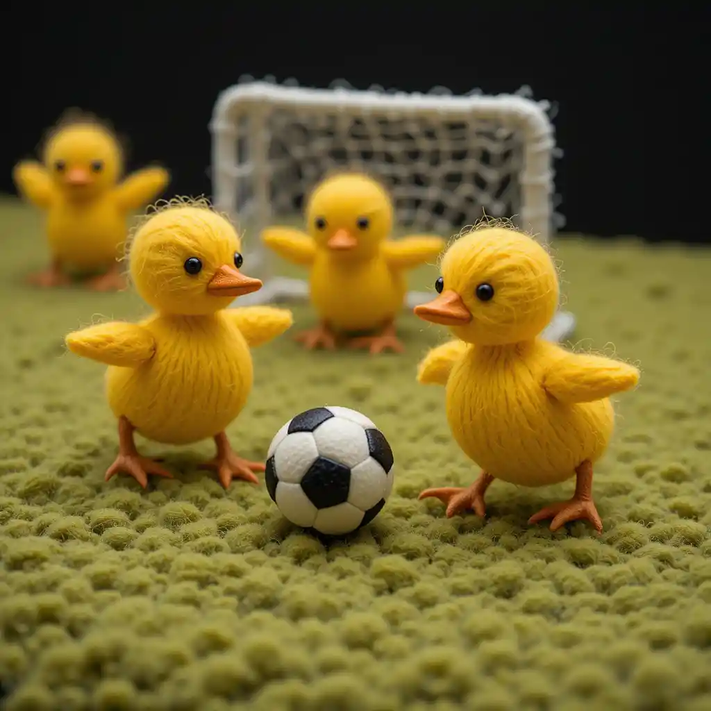 Dolci anatroccoli di lana che giocano a calcio su un minuscolo campo di filato