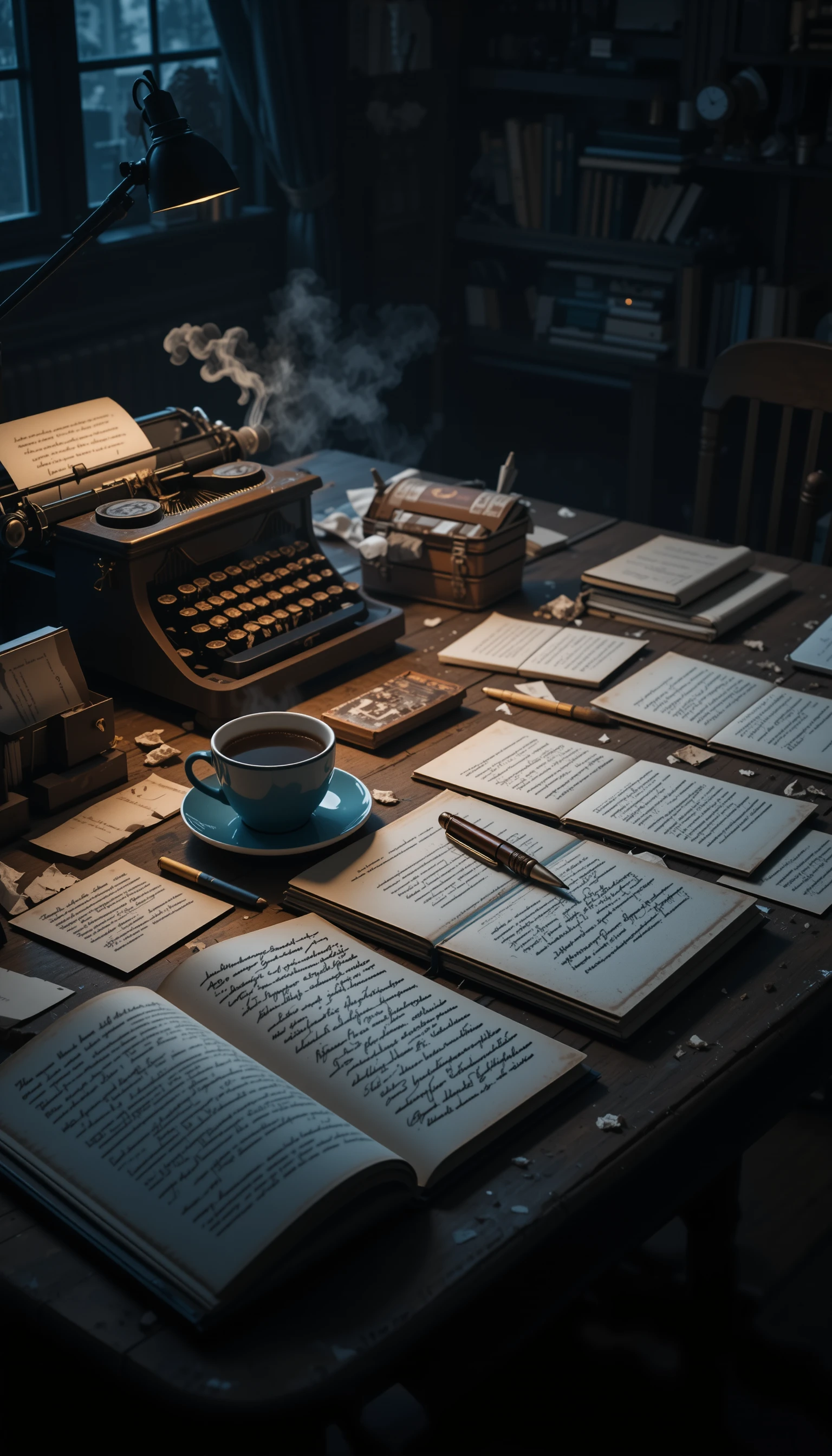 Schreibtisch eines Schriftstellers bei Nacht mit Lampe, Kaffee und Schreibmaschine
