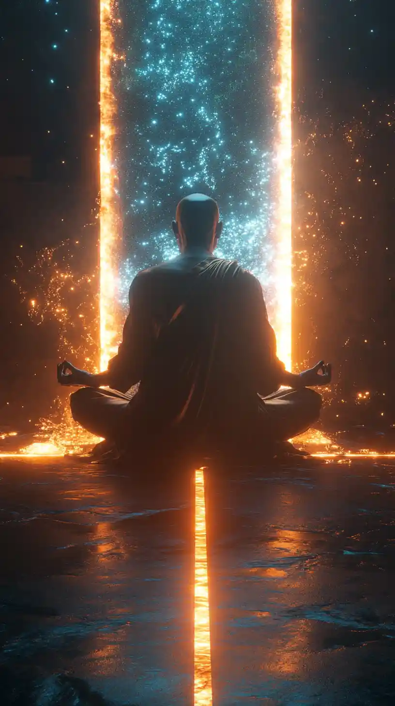 Meditating monk in a surreal split world of light and shadow