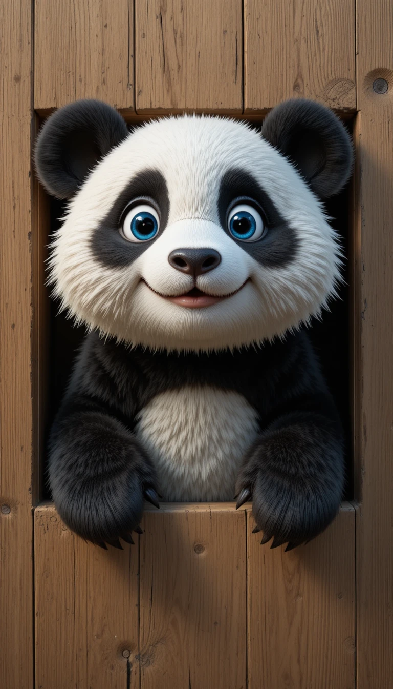 Dolce panda 3D che sbuca da un rettangolo di legno