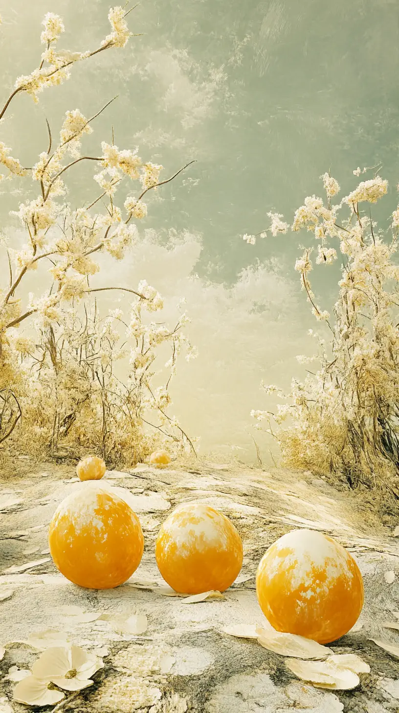 Surreal green tree landscape with fragile Easter creatures