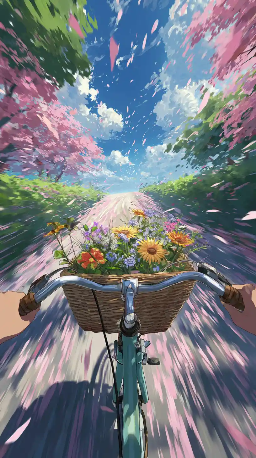 Rennrad durch blühenden Sakura-Tunnel aus der Egoperspektive