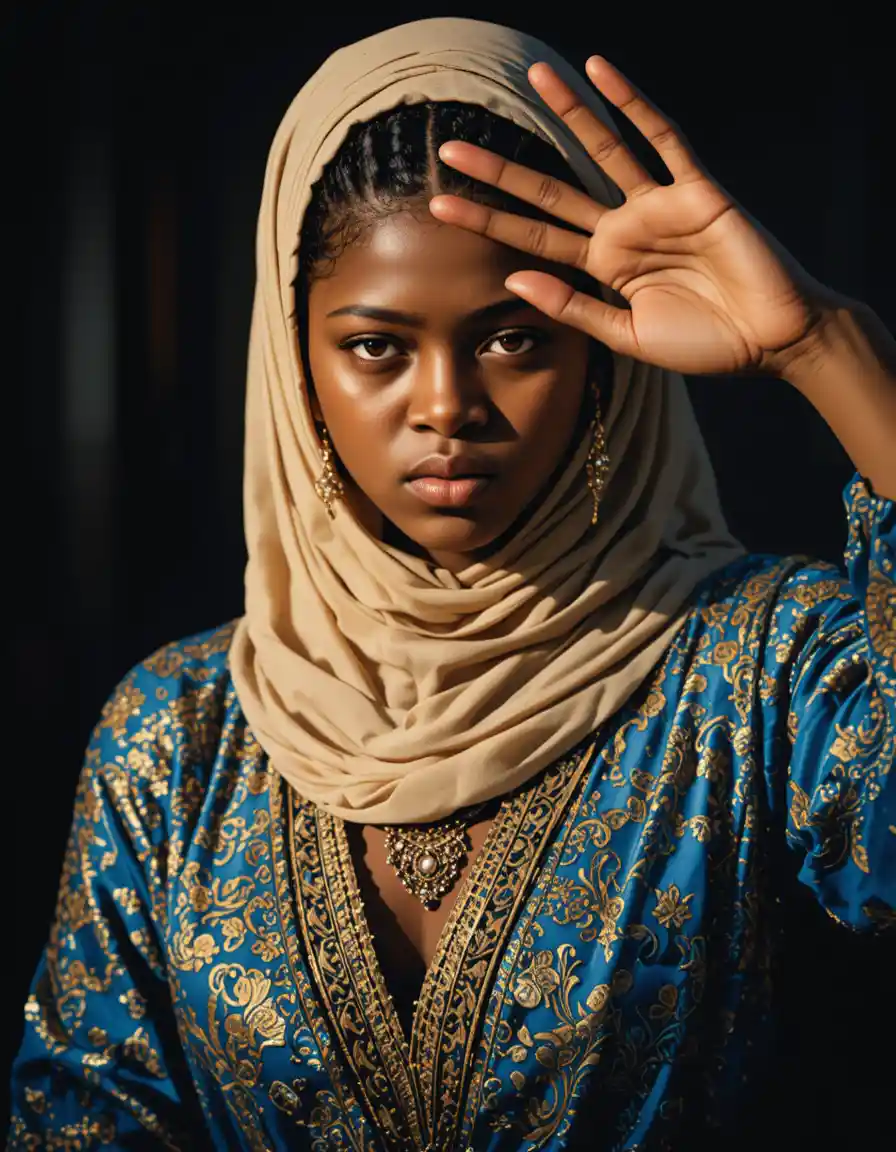 Portrait of a veiled woman in golden sunlight and shadow