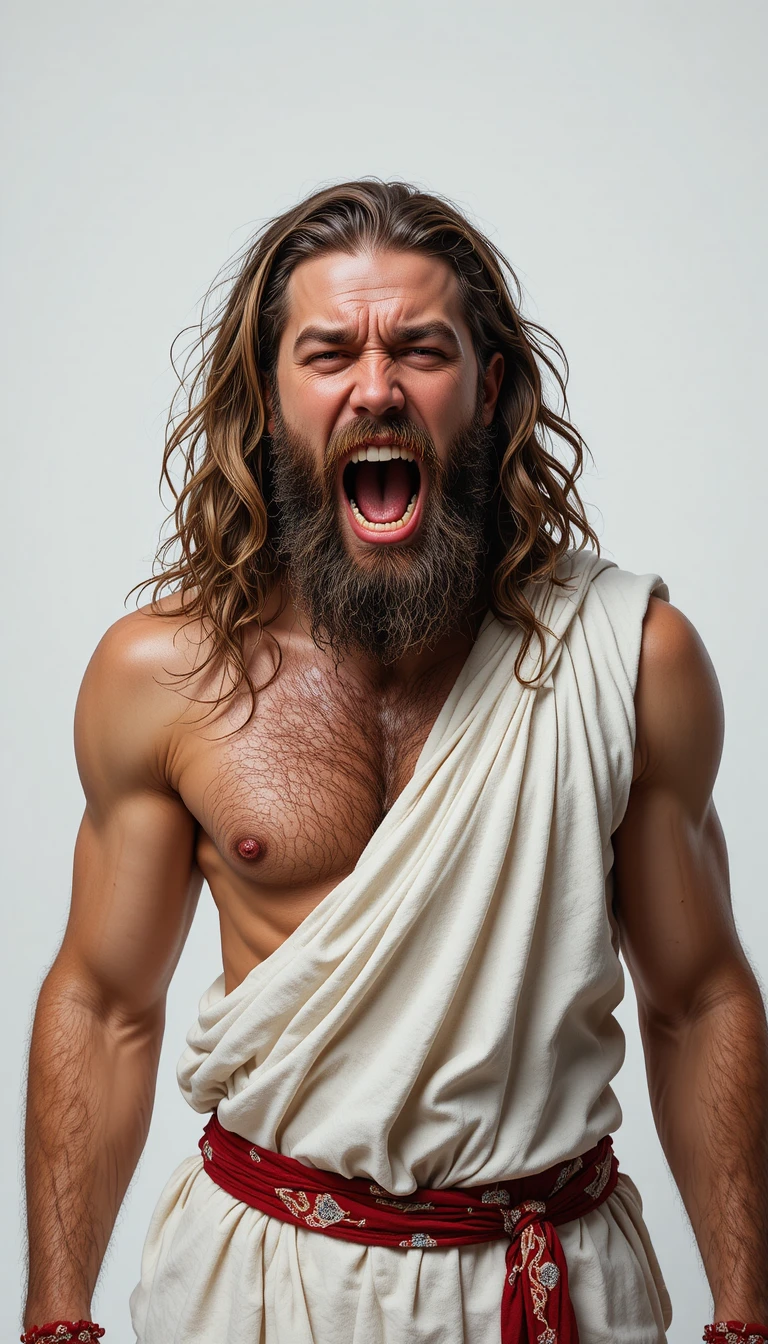 Hombre barbudo agonizando con toga sobre fondo blanco