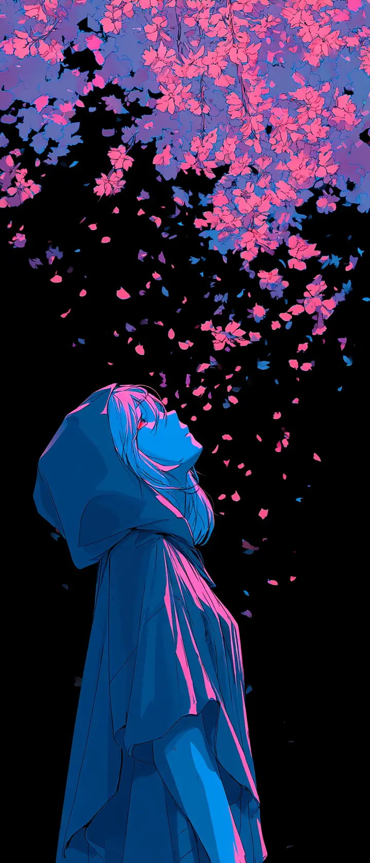 Anime girl gazing up amid falling cherry blossoms