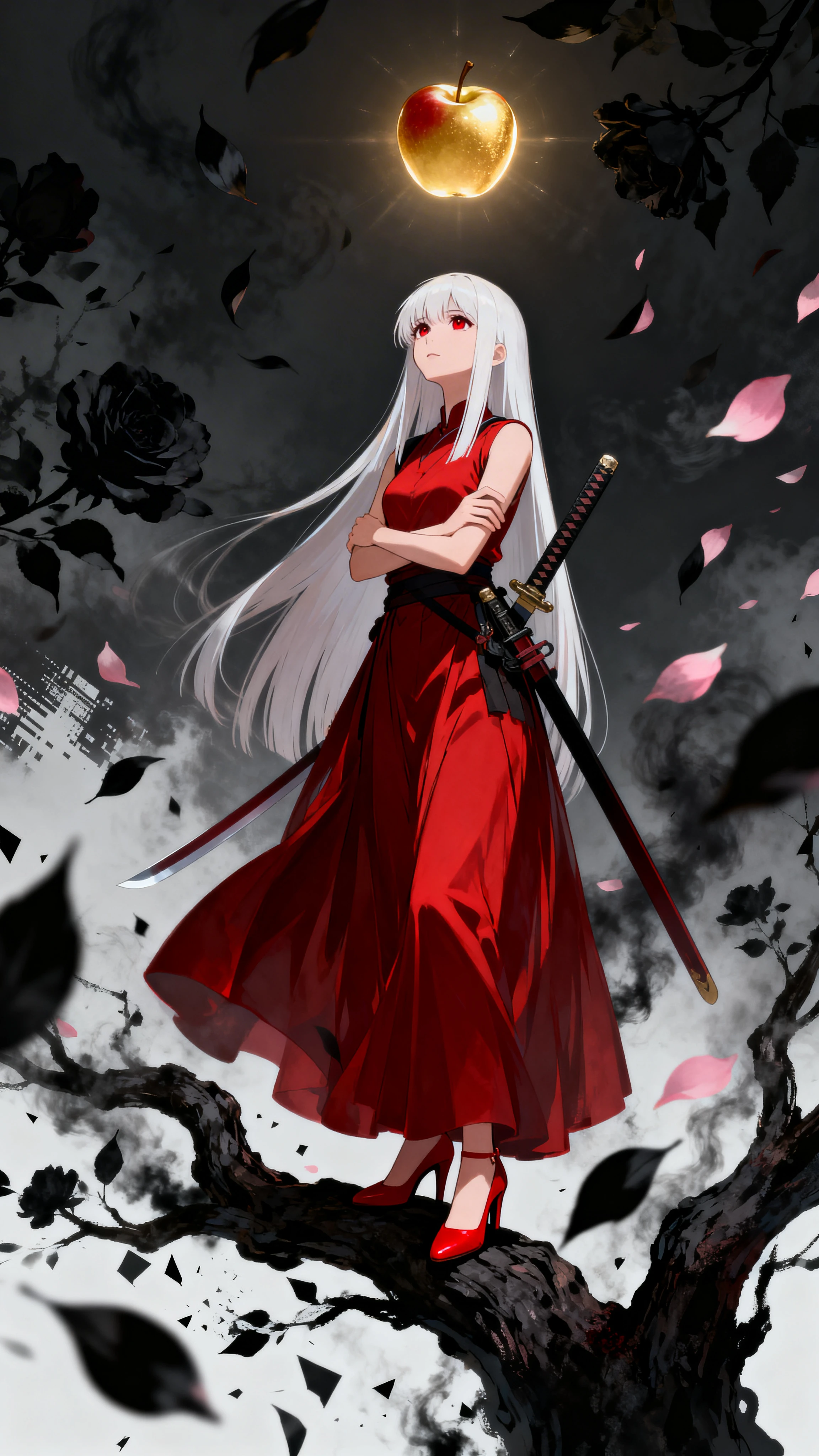 Weißhaariges Anime-Mädchen auf einem dunklen, verdrehten Baum
