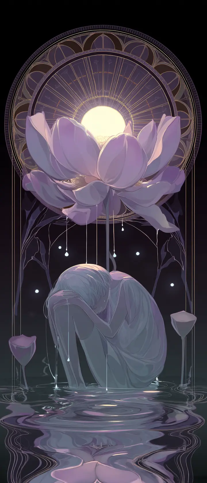 Ethereal anime boy resting inside a giant lotus