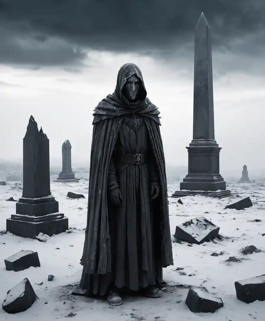 Lonely figure in a desolate winter landscape with falling snow