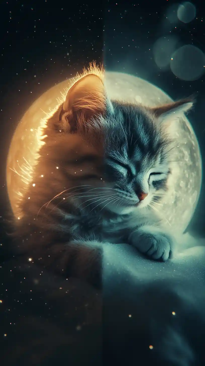 Glowing Fantasy Kitten Beside A Sleepy Surreal Moon