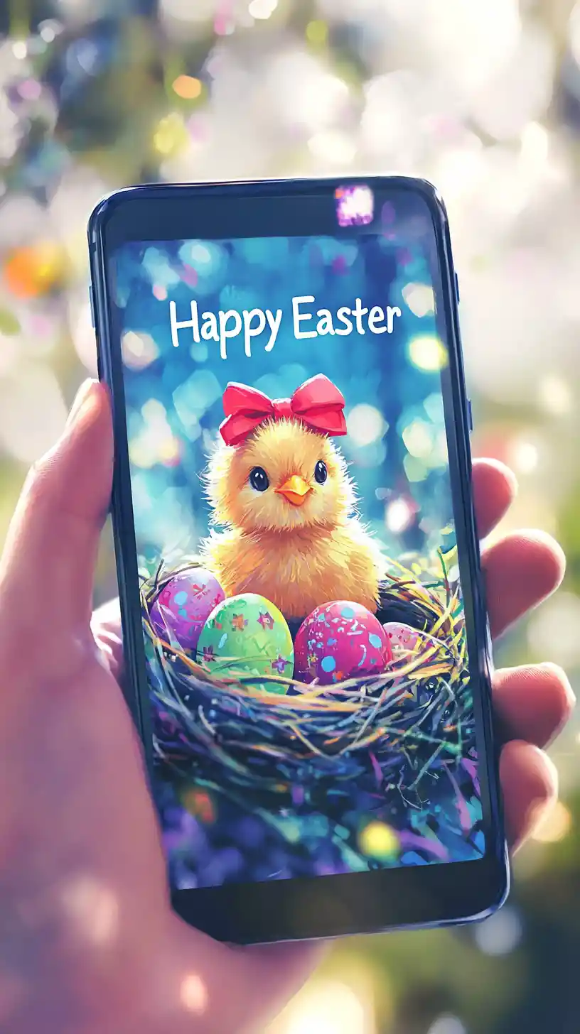 Close up hand holding smartphone with easter chick portrait