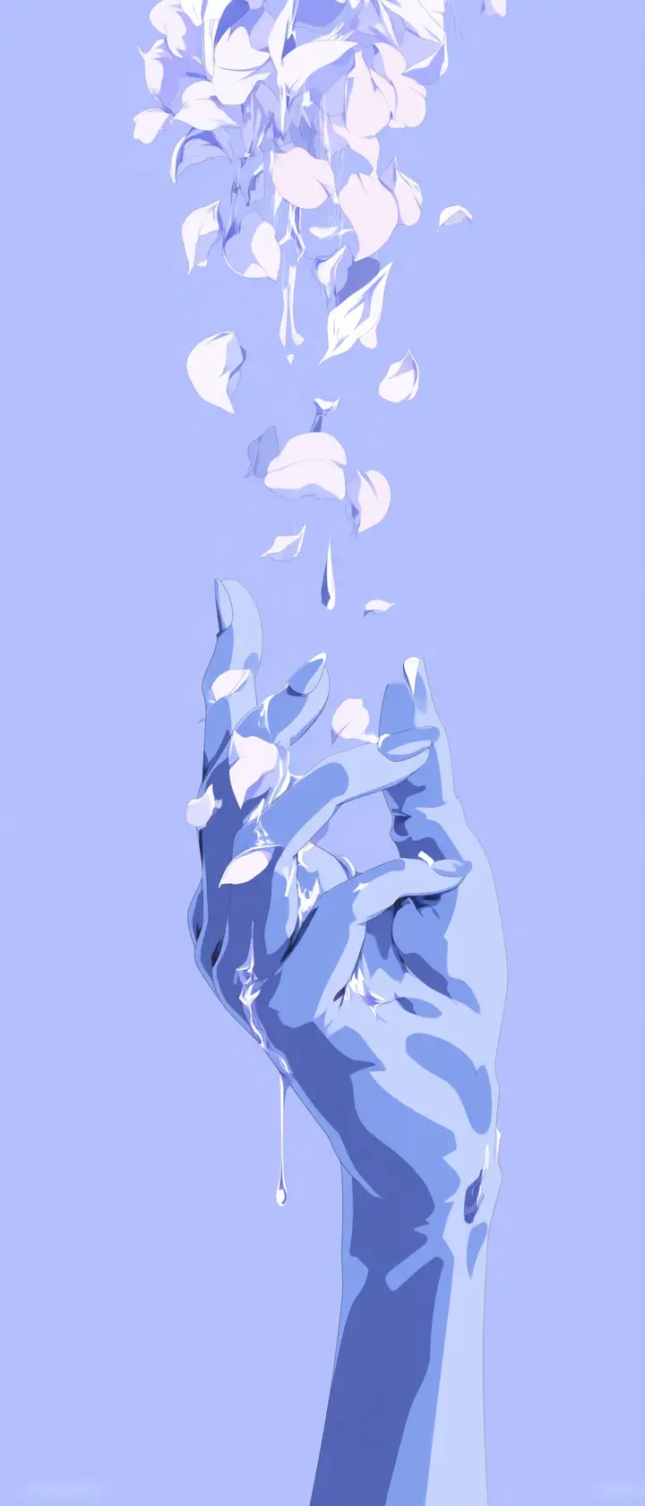 Anime hand dissolving into petals on soft lavender background