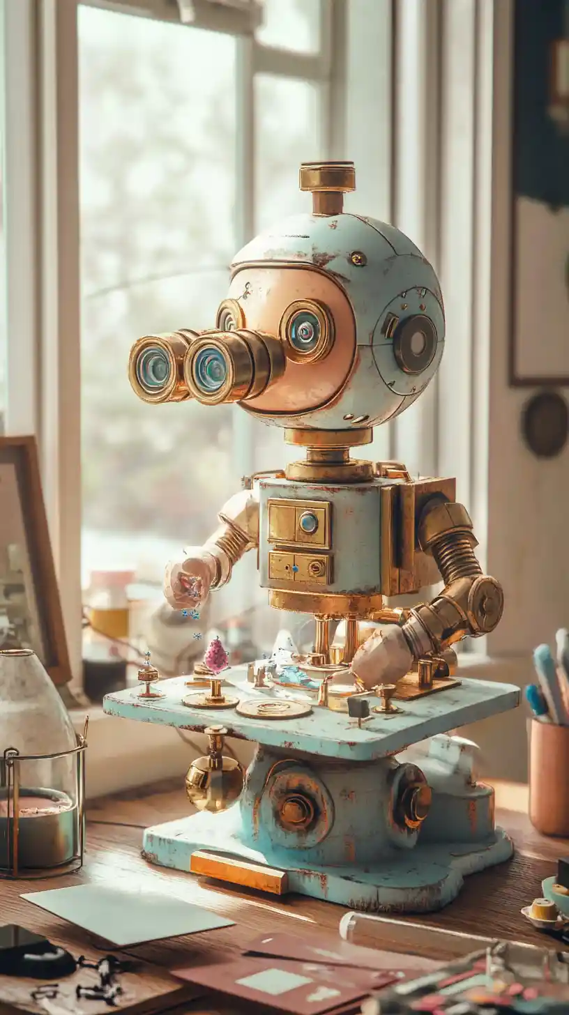 Cute robot studying a tiny particle with microscope