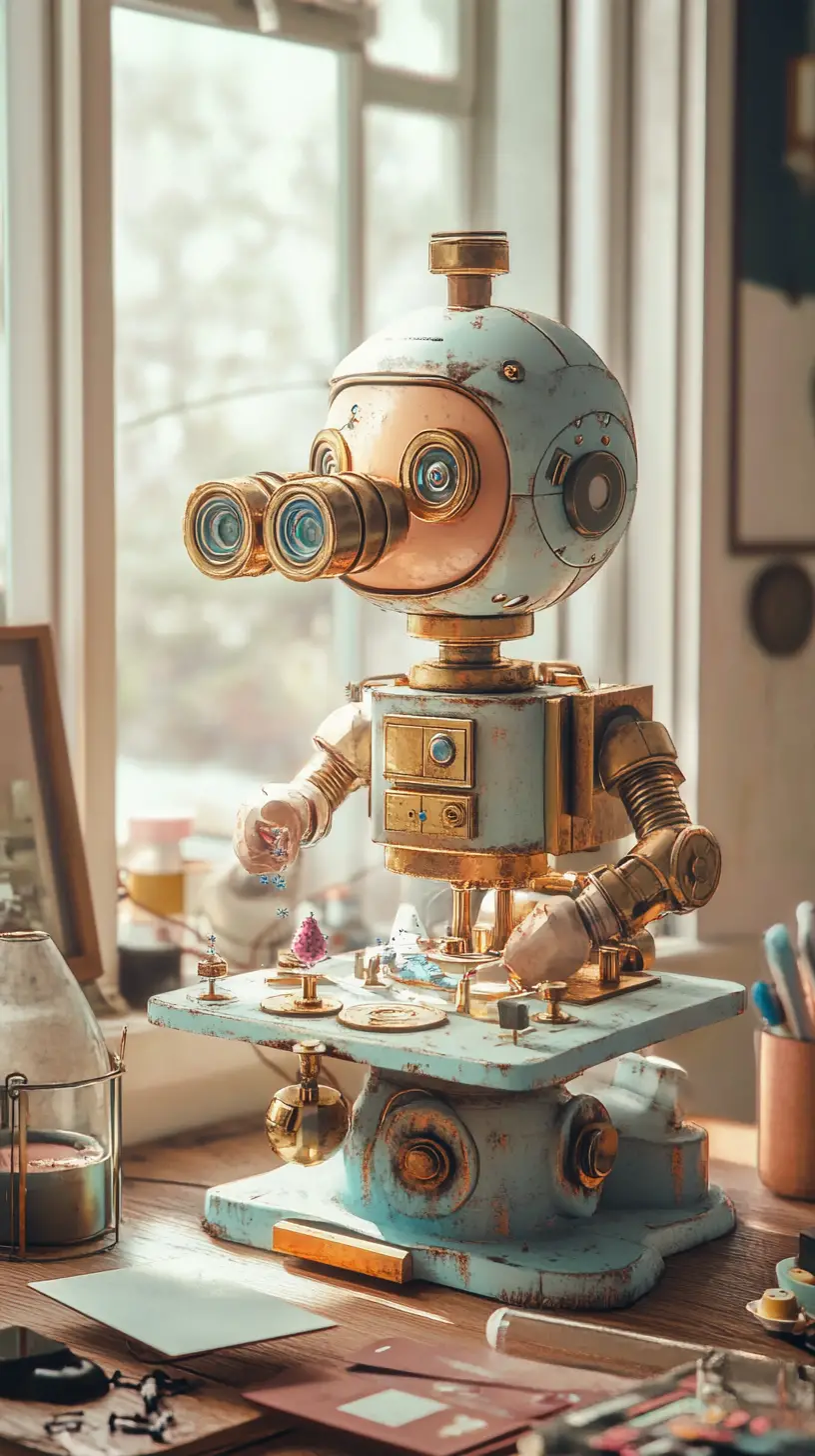 Cute robot studying a tiny particle with microscope