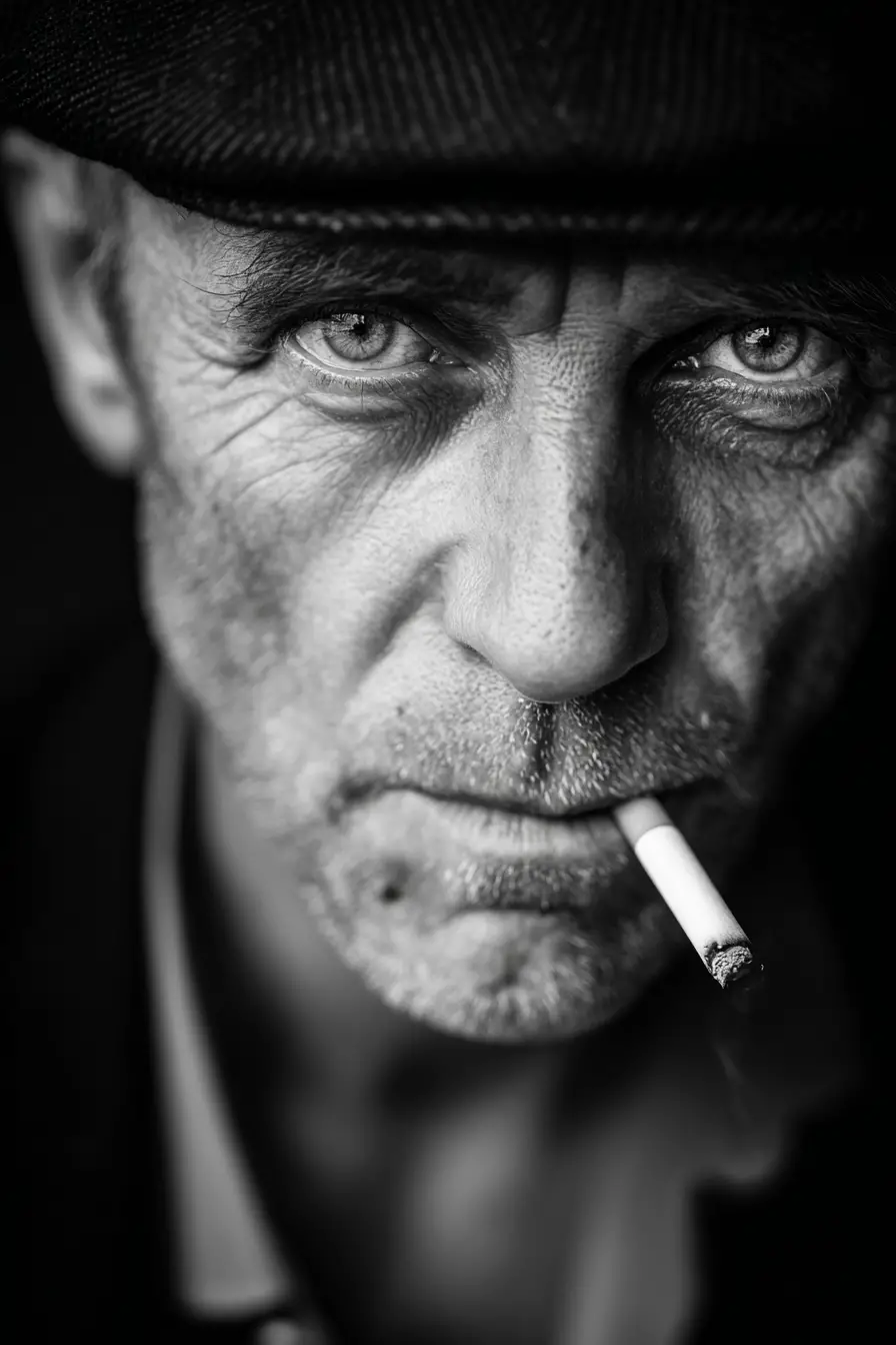 Intense black and white close up portrait of smoking man