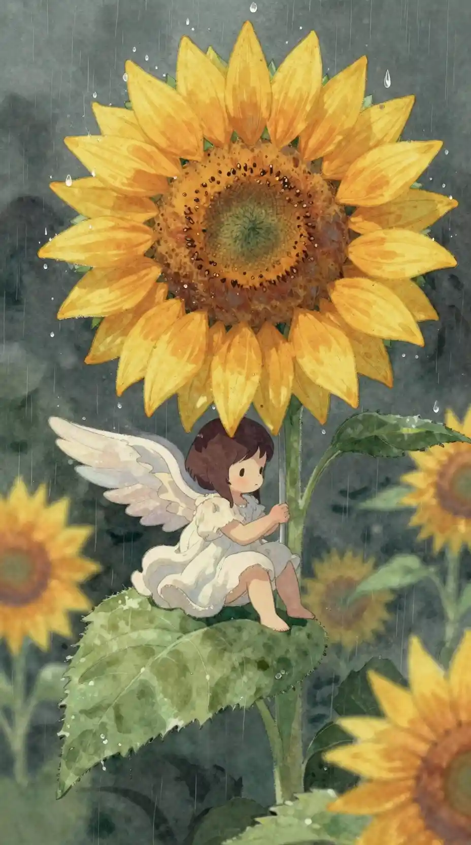 Tiny fairy sheltered under a sunflower in the rain