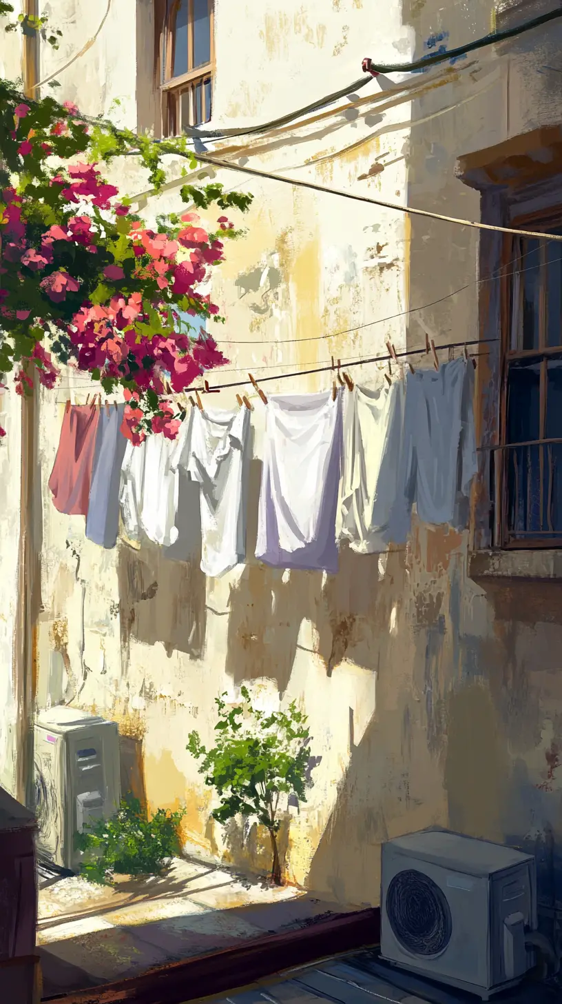Freshly washed clothes on a sunny rooftop clothesline