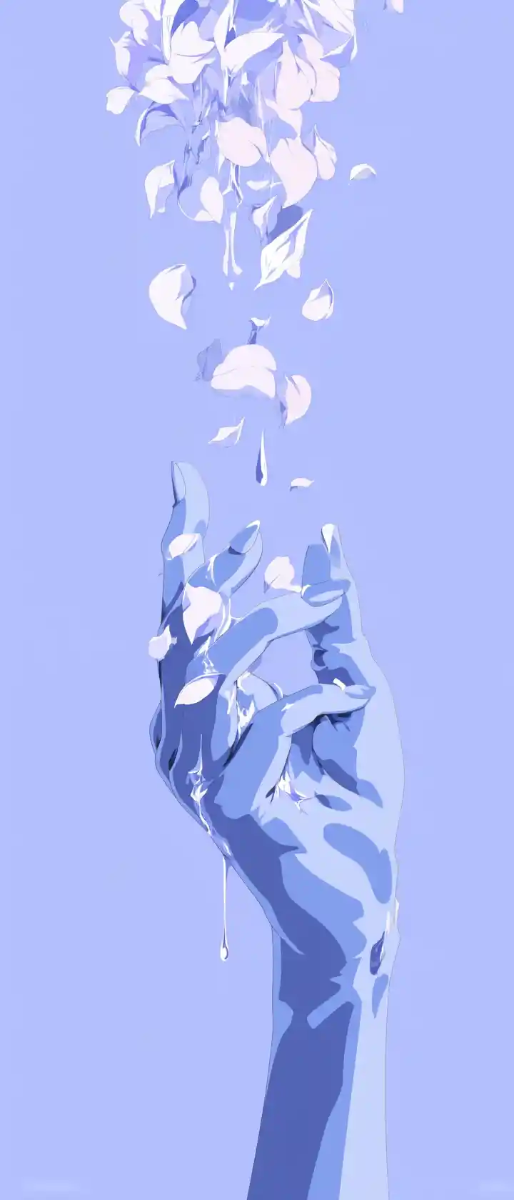 Anime hand dissolving into petals on soft lavender background
