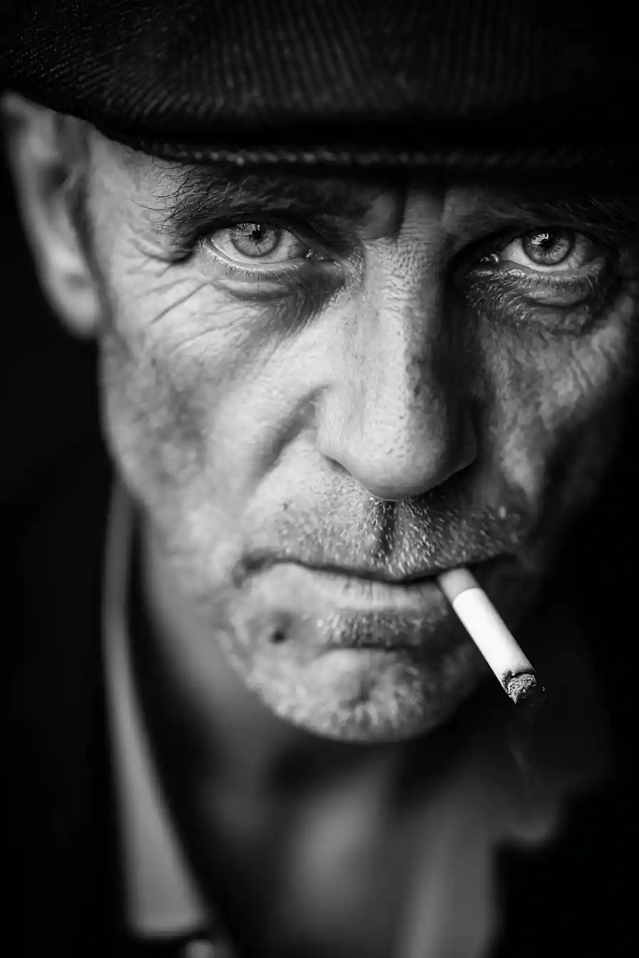 Intense black and white close up portrait of smoking man
