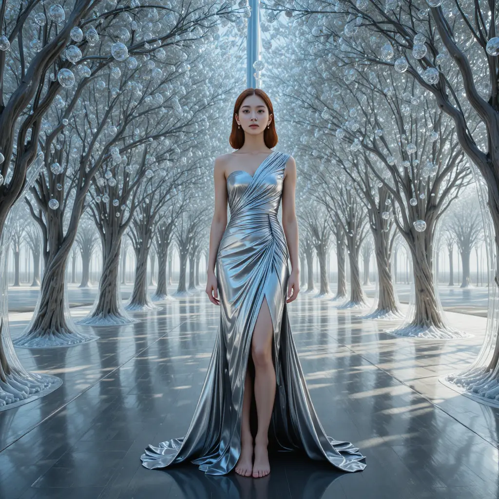 Koreanische Frau im Metallic-Kleid unter einem Baldachin aus Quarztropfen
