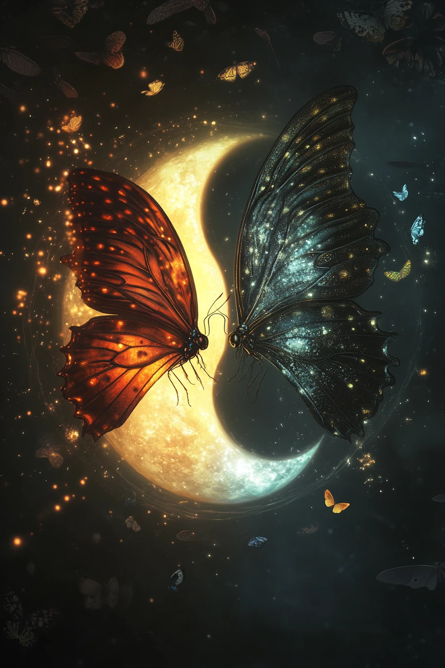 Yin yang butterflies glowing in a magical circular composition