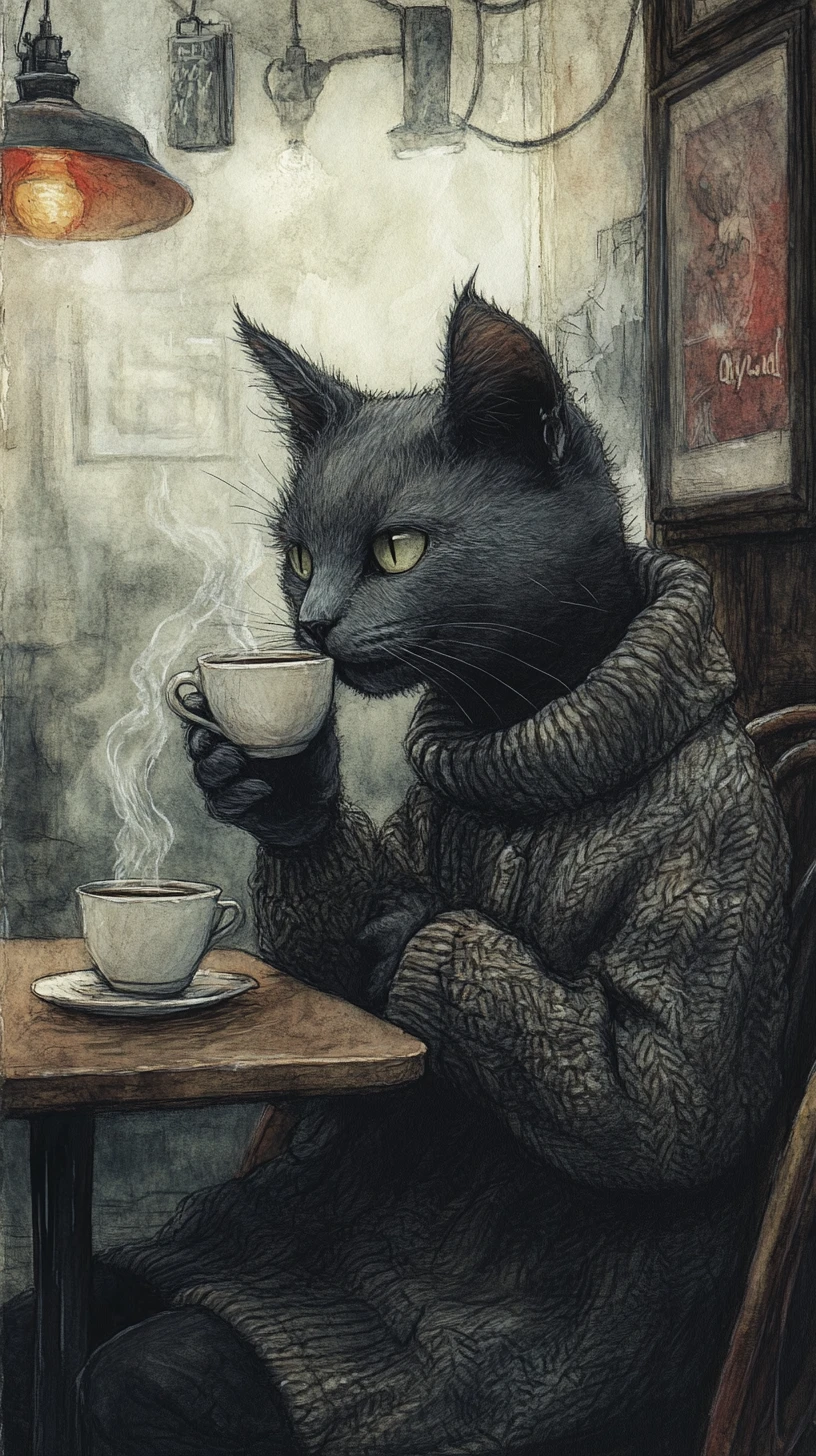 Grey cat in a sweater sipping coffee at cafe table