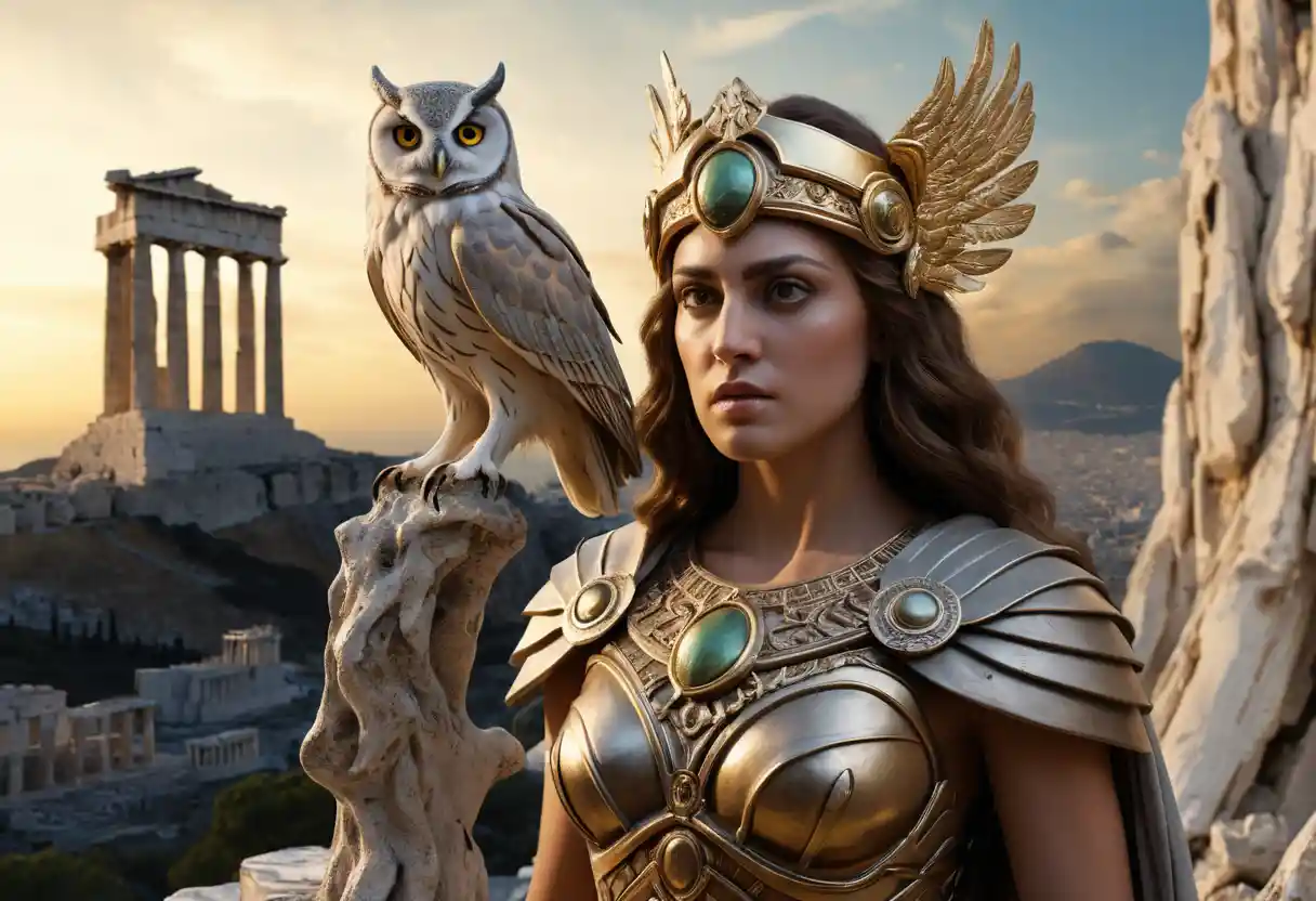Porträt der Göttin Athene in antiken Akropolis-Ruinen in der Dämmerung
