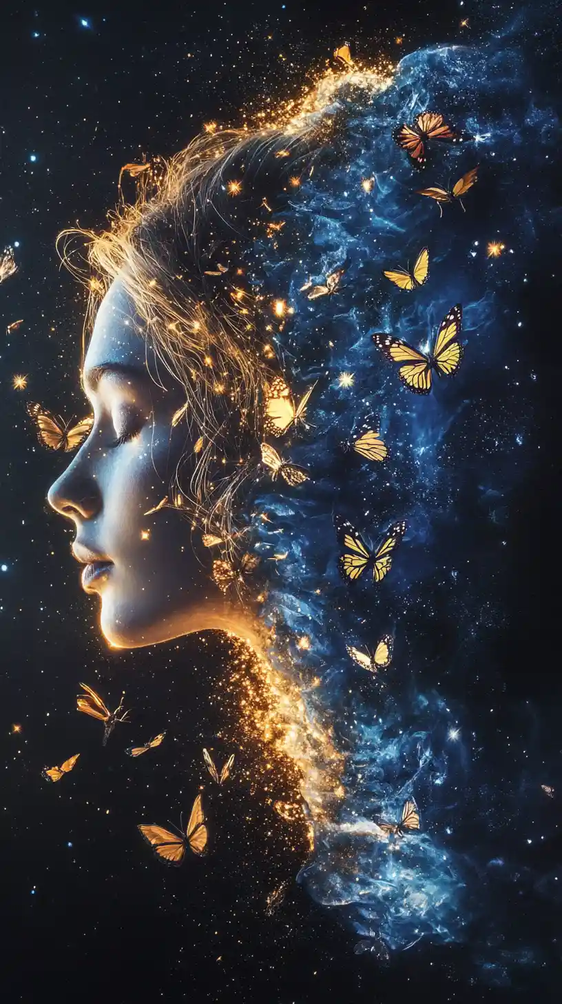 Surreal split world portrait of a luminous and shadowed woman