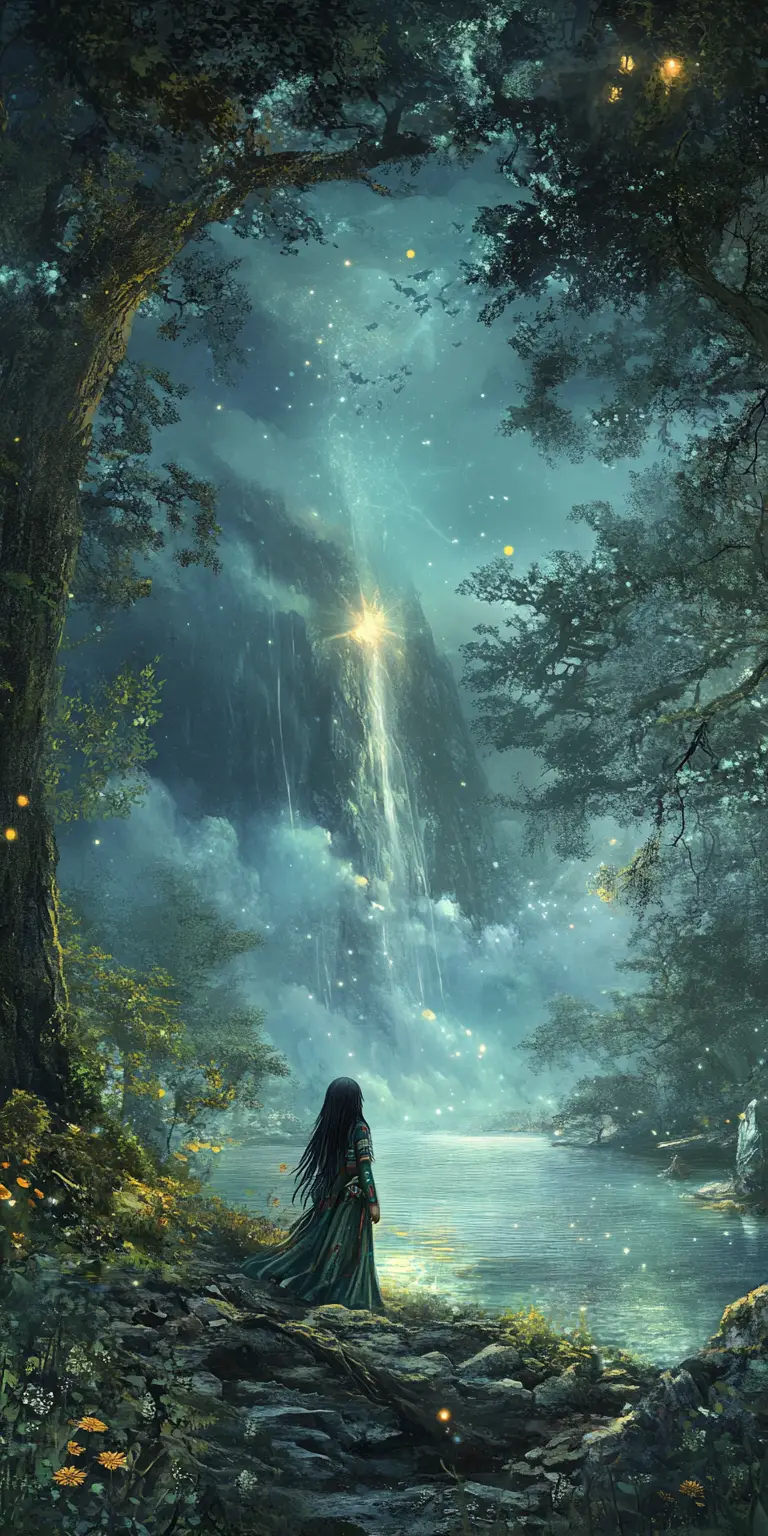 Piccolo spirito nativo ai margini di una foresta mistica