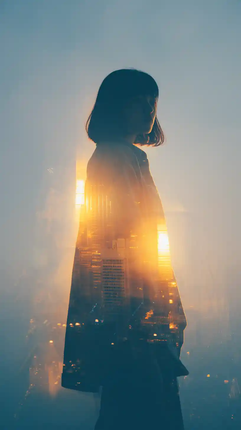 Serene double exposure of a full body asian woman