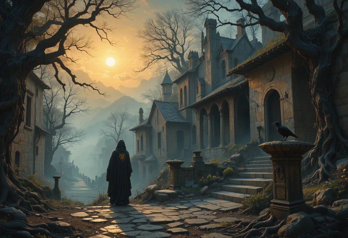 Mystical woman at the edge of a ruined medieval village