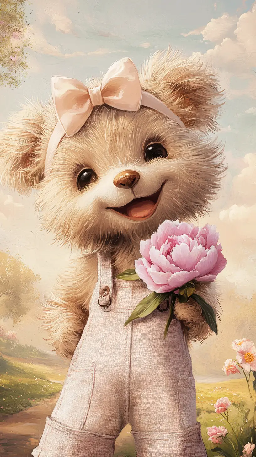 Niedlicher Teddybär in rosa Latzhose mit Pfingstrose