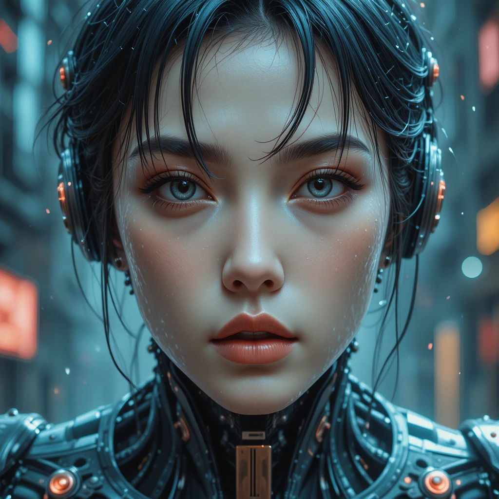 Full body cyberpunk ai k pop cyborg in human transition