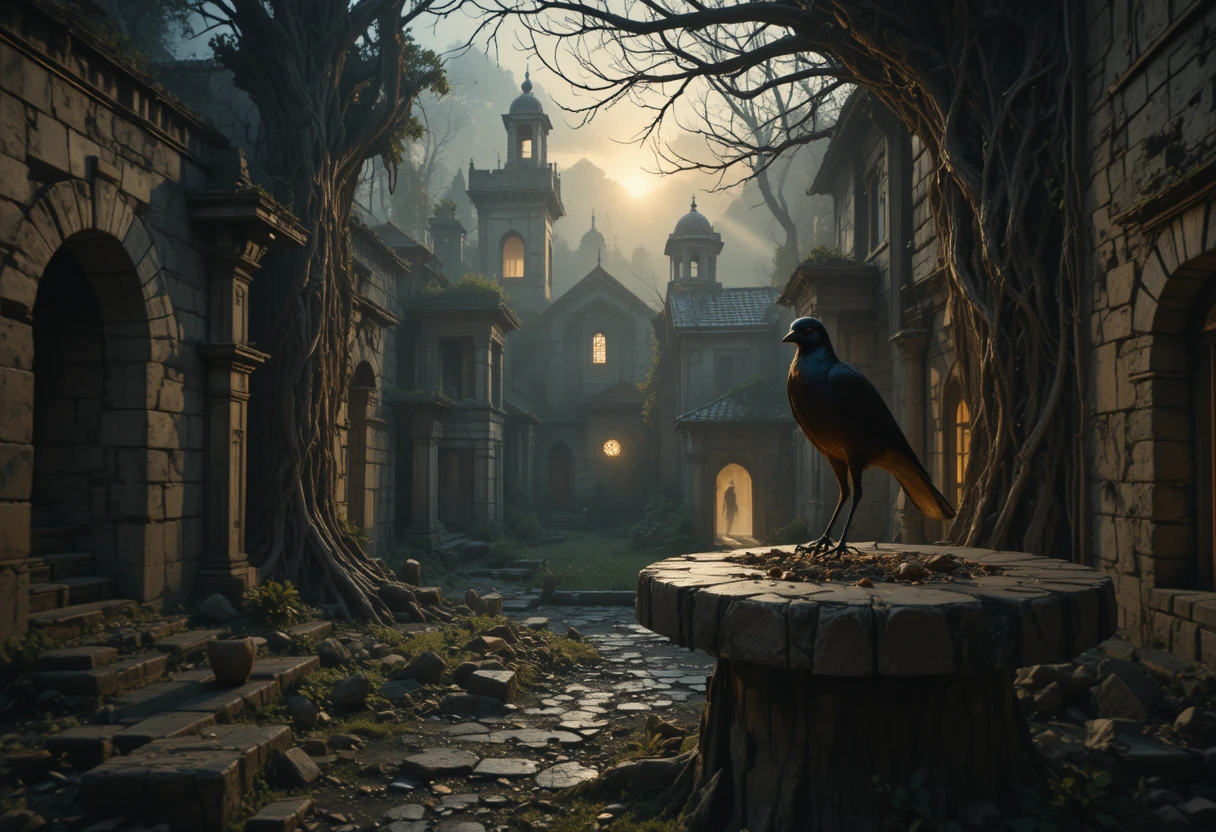 Black bird on pedestal in ruined village at sunset