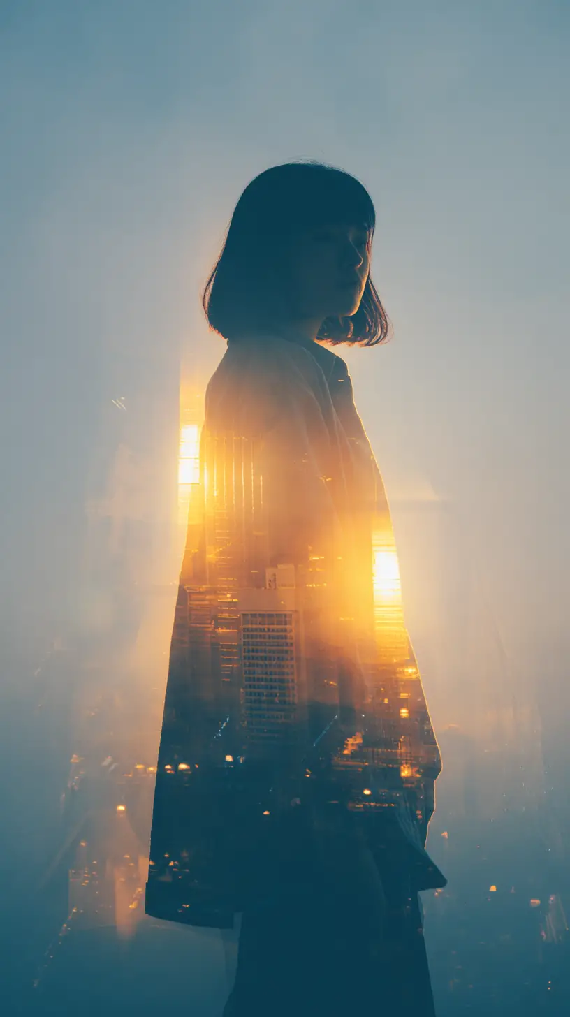 Serene double exposure of a full body asian woman