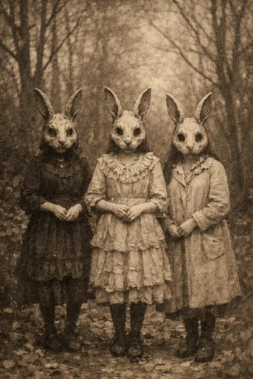 Three masked figures in vintage dresses stand in a forest