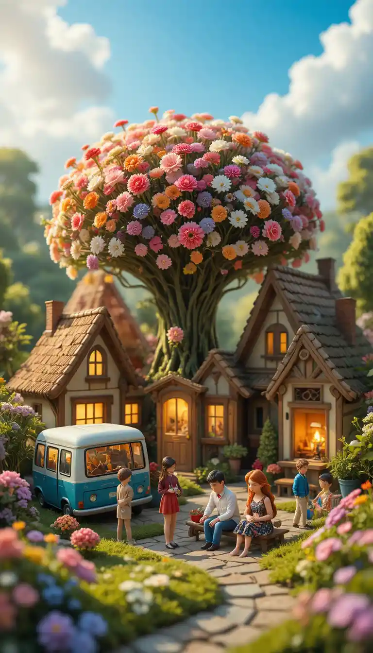 Miniature people living in cozy houses around wildflowers