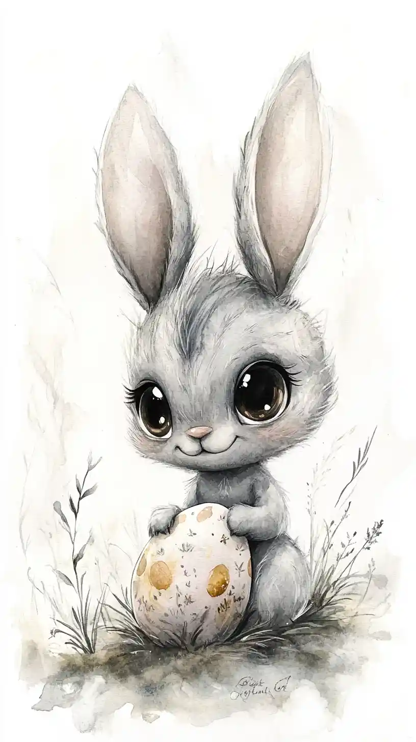 Dreamlike watercolor rabbit with Easter egg on white background