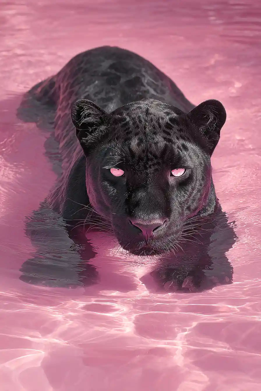 Leopard mit pink leuchtenden Augen, der aus surrealem pinkem Wasser auftaucht