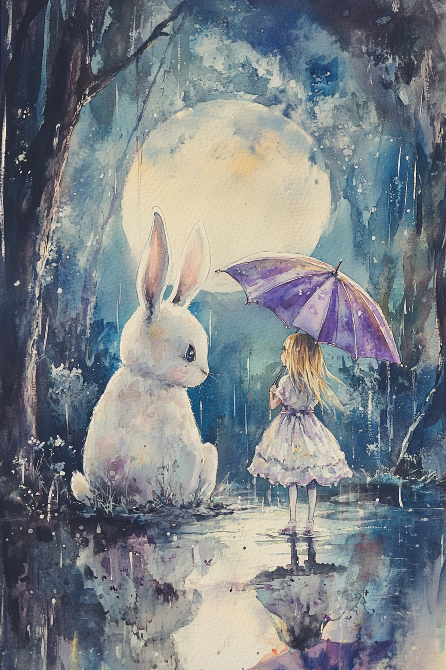 Watercolor girl with rabbit under a bright full moon